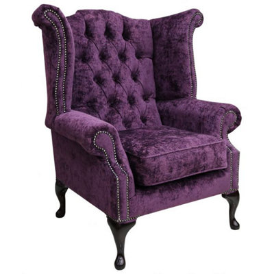 Chesterfield High Back Wing Chair Nuovo Plum Fabric Bespoke In Queen Anne Style from B&Q