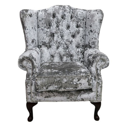 Chesterfield High Back Wing Chair Lustro Argent Velvet Fabric Bespoke In Mallory Style from B&Q