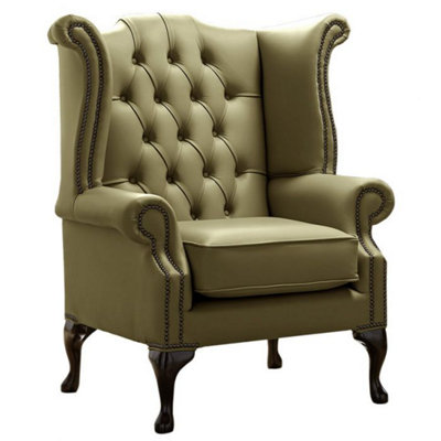Chesterfield High Back Wing Chair Shelly Sage Leather Bespoke In Queen Anne Style from B&Q