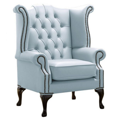 Chesterfield High Back Wing Chair Shelly Parlour Blue Leather Bespoke In Queen Anne Style from B&Q