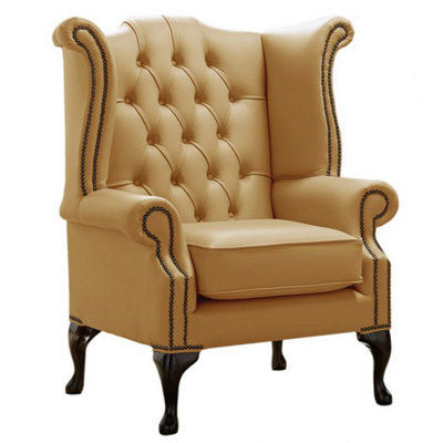 Chesterfield High Back Wing Chair Shelly Parchment Leather Bespoke In Queen Anne Style from B&Q