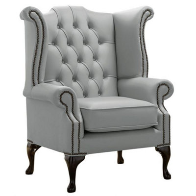 Chesterfield High Back Wing Chair Shelly Moon Mist Leather Bespoke In Queen Anne Style from B&Q