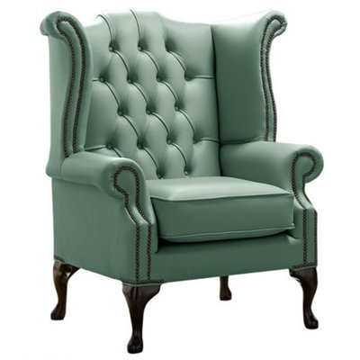 Chesterfield High Back Wing Chair Shelly Lichen Leather Bespoke In Queen Anne Style from B&Q