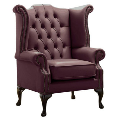 Chesterfield High Back Wing Chair Shelly Dark Grape Leather Bespoke In Queen Anne Style from B&Q