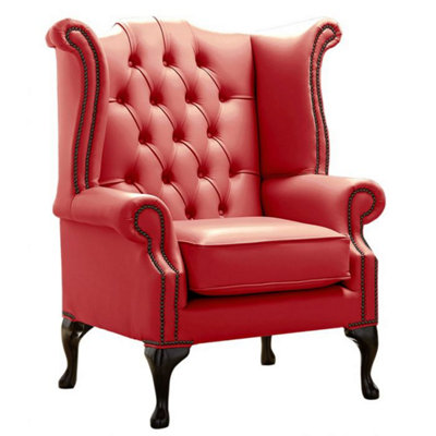 Chesterfield High Back Wing Chair Shelly Crimson Leather Bespoke In Queen Anne Style from B&Q
