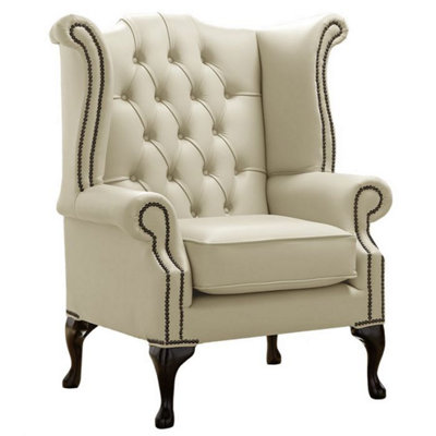 Chesterfield High Back Wing Chair Shelly Cream Leather Bespoke In Queen Anne Style from B&Q