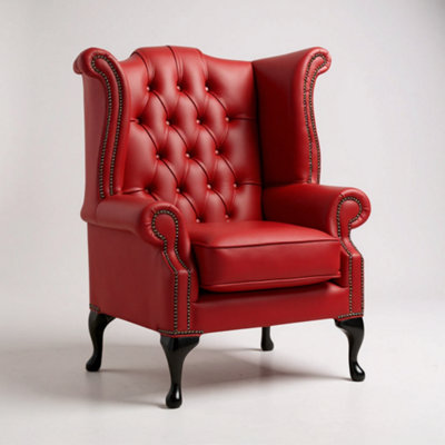 Chesterfield High Back Wing Chair Shelly Cherry Leather Bespoke In Queen Anne Style from B&Q