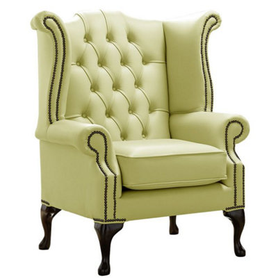 Chesterfield High Back Wing Chair Shelly Chartreuse Leather Bespoke In Queen Anne Style from B&Q