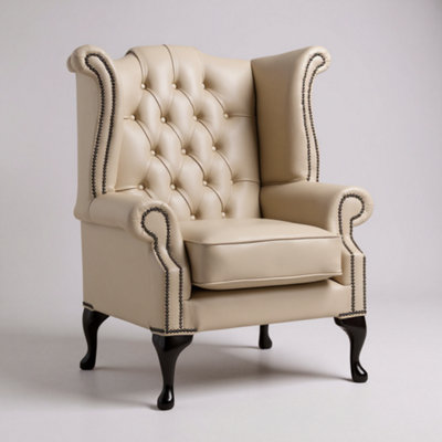 Chesterfield High Back Wing Chair Shelly Beige Leather Bespoke In Queen Anne Style from B&Q