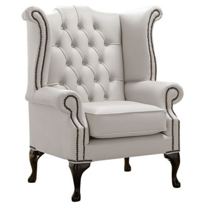 Chesterfield High Back Wing Chair Shelly Almond Leather Bespoke In Queen Anne Style from B&Q