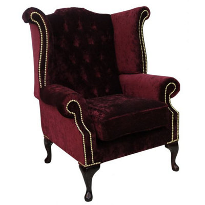 Chesterfield High Back Wing Chair Modena Bordeaux Velvet In Queen Anne Style from B&Q