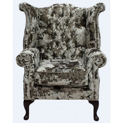 Chesterfield High Back Wing Chair Lustro Liqueur Velvet Fabric In Queen Anne Style from B&Q