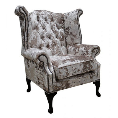 Chesterfield High Back Wing Chair Lustro Charm Velvet Fabric In Queen Anne Style from B&Q