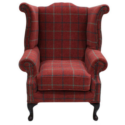 Chesterfield High Back Wing Chair Lana Square Check Terracotta Real Fabric In Queen Anne Style from B&Q