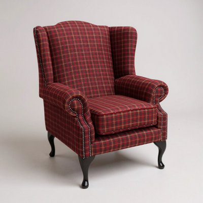 Chesterfield Saxon High Back Wing Chair Balmoral Claret Check Tweed Wool In Mallory Style from B&Q