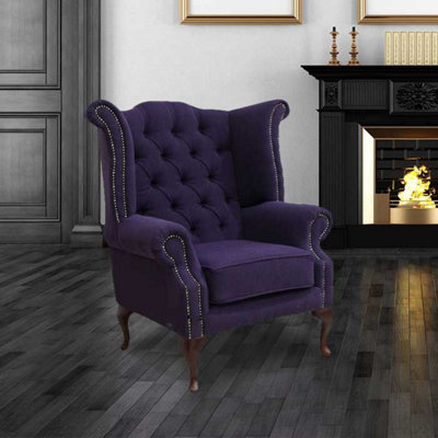 Chesterfield High Back Wing Chair Verity Purple Fabric Bespoke In Queen Anne Style from B&Q
