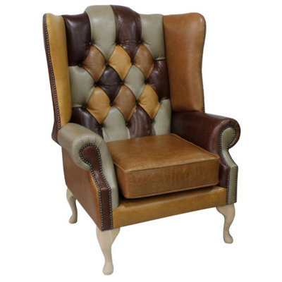 Chesterfield Prince's High Back Wing Chair Patchwork Old English Leather In Mallory Style from B&Q