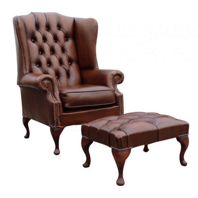 Chesterfield Prince's High Back Wing Chair + Footstool Antique Tan Leather In Mallory Style from B&Q