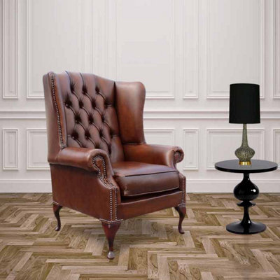 Chesterfield Prince's High Back Wing Chair Antique Tan Leather In Mallory Style from B&Q