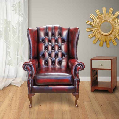 Chesterfield Prince's High Back Wing Chair Antique Oxblood Leather In Mallory Style from B&Q