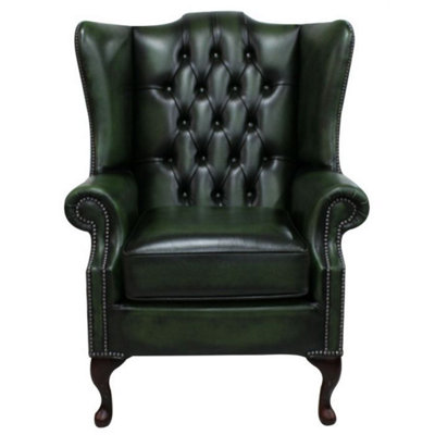 Chesterfield Prince's High Back Wing Chair Antique Green Leather In Mallory Style from B&Q