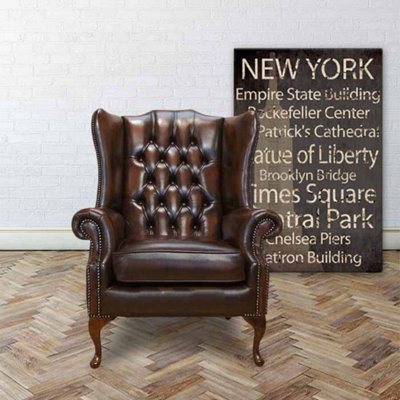 Chesterfield Prince's High Back Wing Chair Antique Brown Leather In Mallory Style from B&Q