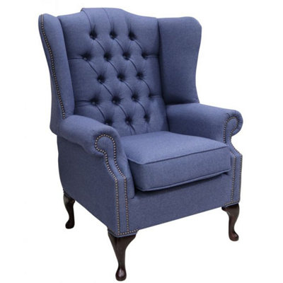Chesterfield Prince's High Back Wing Chair Calabria Navy Real Fabric In Queen Anne Style from B&Q