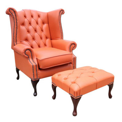Chesterfield High Back Wing Chair + Footstool Shelly Flamenco Orange Leather In Queen Anne Style from B&Q