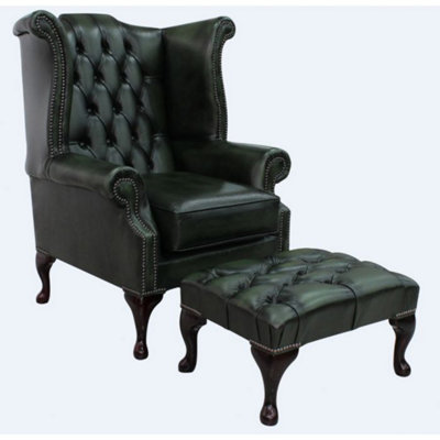 Chesterfield High Back Wing Chair + Footstool Antique Green Leather In Queen Anne Style from B&Q