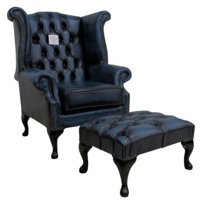Chesterfield High Back Wing Chair + Footstool Antique Blue Leather In Queen Anne Style from B&Q