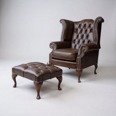 Chesterfield High Back Wing Chair + Footstool Antique Gold Leather In Queen Anne Style from B&Q