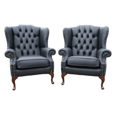 Chesterfield Pair High Back Wing Chair Shelly Black Leather Bespoke In Mallory Style from B&Q