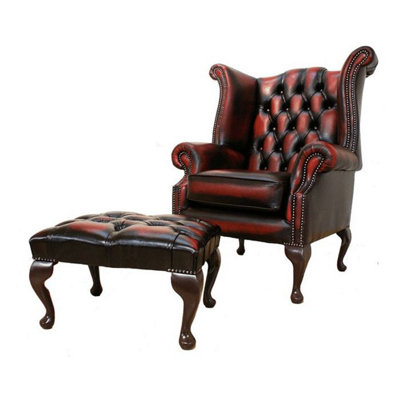 Chesterfield High Back Wing Chair + Footstool Antique Oxblood Red Leather In Queen Anne Style from B&Q