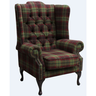 Chesterfield High Back Wing Chair Threshfield Tourmaline Check Tweed Wool In Mallory Style from B&Q