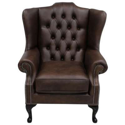 Chesterfield High Back Wing Chair Washington Chestnut Leather In Mallory Style from B&Q