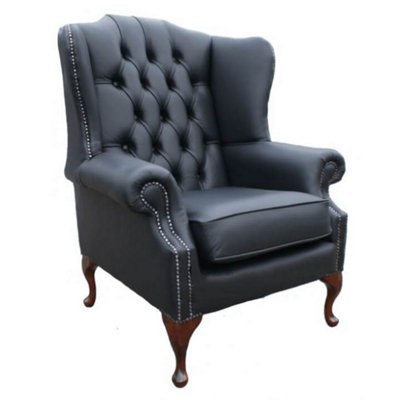 Chesterfield High Back Wing Chair Shelly Black Leather Bespoke In Mallory Style from B&Q