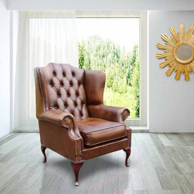 Chesterfield High Back Wing Chair Antique Tan Real Leather Bespoke In Mallory Style from B&Q