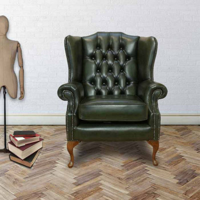 Chesterfield High Back Wing Chair Antique Green Real Leather Bespoke In Mallory Style from B&Q