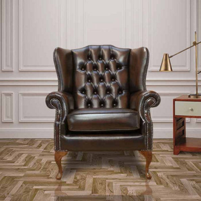 Chesterfield High Back Wing Chair Antique Brown Real Leather Bespoke In Mallory Style from B&Q