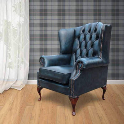 Chesterfield High Back Wing Chair Antique Blue Real Leather Bespoke In Mallory Style from B&Q