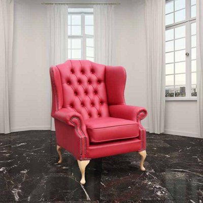 Chesterfield High Back Wing Chair Shelly Flame Red Leather Bespoke In Mallory Style from B&Q