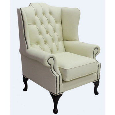 Chesterfield High Back Wing Chair Shelly Cream Leather Bespoke In Mallory Style from B&Q