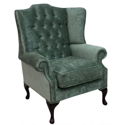 Chesterfield High Back Wing Chair Pastiche Jade Green Velvet Bespoke In Mallory Style from B&Q