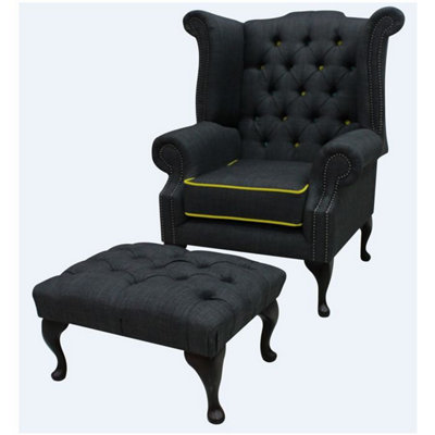 Chesterfield High Back Chair + Footstool Charles Charcoal Yellow Trim Linen Fabric In Queen Anne Style from B&Q