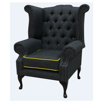 Chesterfield High Back Chair Charles Charcoal Yellow Trim Linen Fabric In Queen Anne Style from B&Q