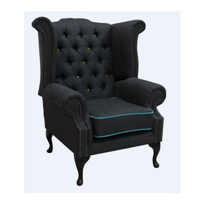 Chesterfield High Back Chair Charles Charcoal Blue Trim Linen Fabric In Queen Anne Style from B&Q