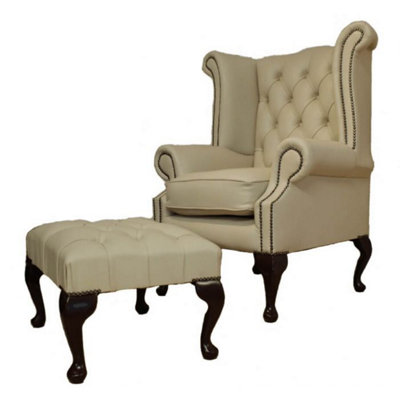 Chesterfield High Back Chair + Footstool Shelly Ivory Leather In Queen Anne Style from B&Q
