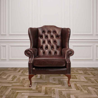 Chesterfield Highclere Wing Chair Old English Dark Brown Leather In Mallory Style from B&Q