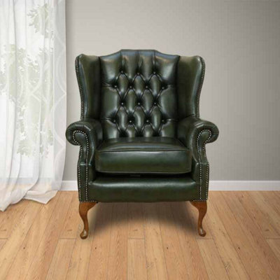 Chesterfield Highclere Wing Chair Antique Green Leather In Mallory Style from B&Q