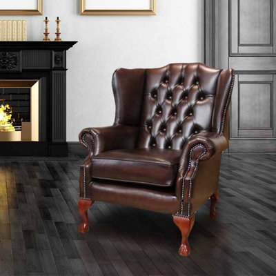Chesterfield Highclere Wing Chair Antique Brown Leather In Mallory Style from B&Q